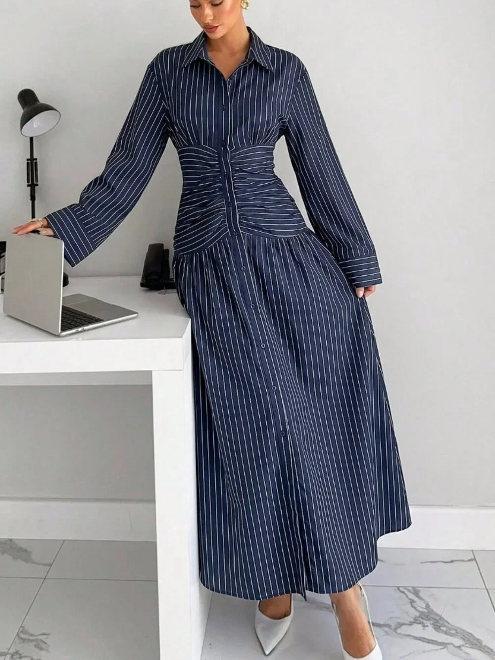 Multicolor Striped Casual Women's Pleated Dress